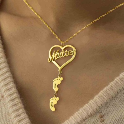 Personalised Mutter Heart Pendant With Baby Feet Name Engraved Necklace Mother's Day Gift Ideas