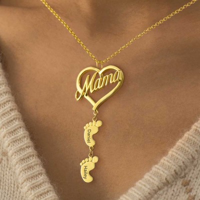 Personalised Mama Heart Pendant With Baby Feet Name Engraved  Necklace Mother's Day Gift Ideas