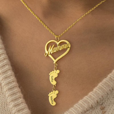Personalised Mamma Heart Pendant With Baby Feet Name Engraved  Necklace Mother's Day Gift Ideas