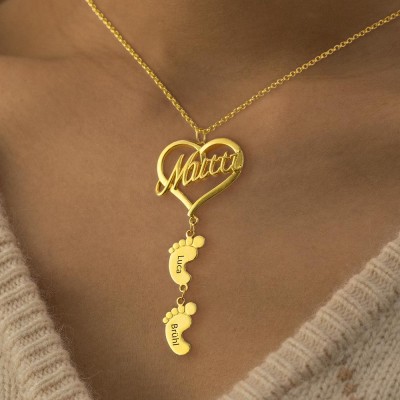 Personalised Mutti Heart Pendant With Baby Feet Name Engraved  Necklace Mother's Day Gift Ideas