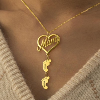 Personalised Mami Heart Pendant With Baby Feet Name Engraved  Necklace Mother's Day Gift Ideas