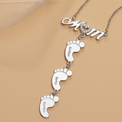 Silver Personalized MoM Heart Engraved Name Necklaces With 1-10 Baby Feet Charms
