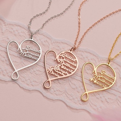 Silver Personalised Hug and Love Heart Names Necklace With 1-8 Names