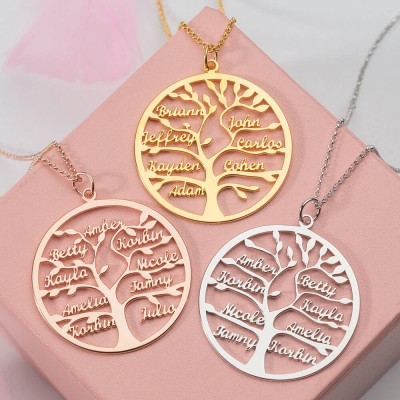 Silver Personalized Family Tree 1-9 Name Engraved Necklace