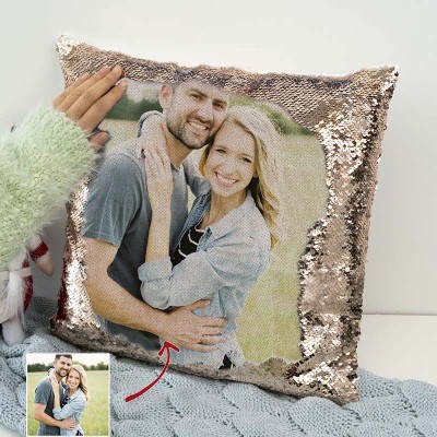 Personalized Rose Gold Sequin Photo Pillow For Couples Valentine's Day