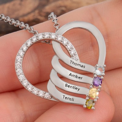 Custom 1-6 Name Heart Necklaces With Birthstone For Mum Family Christmas Gift