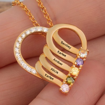 Custom 1-6 Name Heart Necklaces With Birthstone For Mum Family Christmas Gift