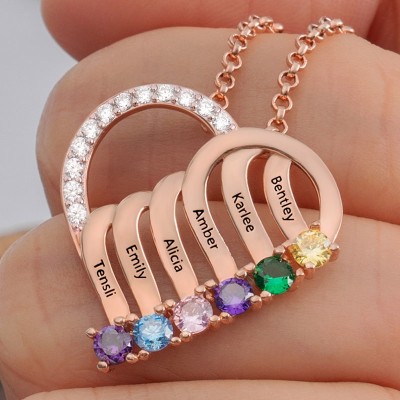 Custom 1-6 Name Heart Necklaces With Birthstone For Mum Family Christmas Gift