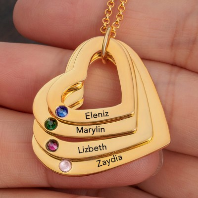 Personalised 1-6 Heart Name Necklaces With Birthstone For Mum Family Christmas Gift