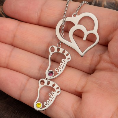 Personalised Heart Baby Feet Charms Name Necklace With Birthstone For Mum Grandma