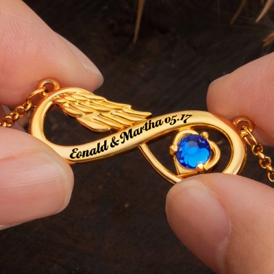 Personalised Name Infinity Angel Wing Necklaces With Birthstone
