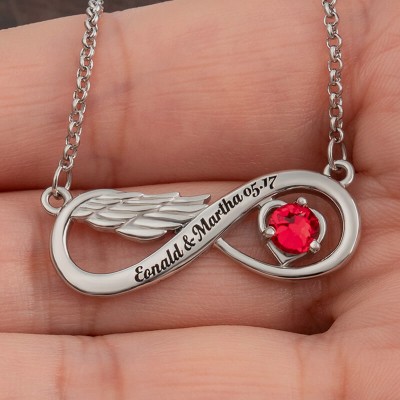 Personalised Name Infinity Angel Wing Necklaces With Birthstone