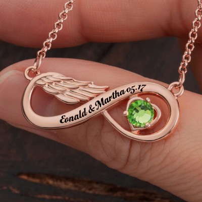 Personalised Name Infinity Angel Wing Necklaces With Birthstone