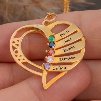 Personalised Heart Names and Birthstones Necklaces For Mum Grandma