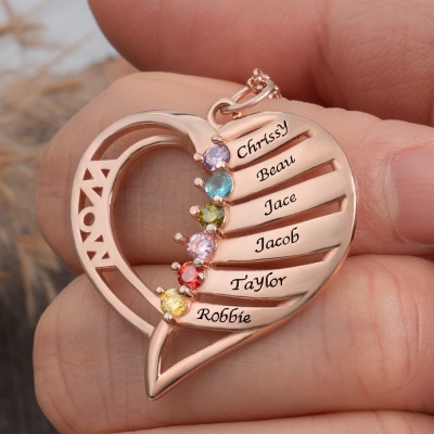 Personalised Heart Names and Birthstones Necklaces For Mum Grandma