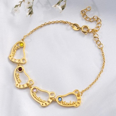 Custom Baby Feet Names Bracelet With 1-10 Birthstones for Mum 