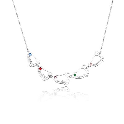 Silver Personalised 1-8 Hollow Baby Feet Engravable Family Name Necklace With Birthstone