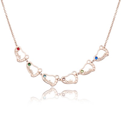 Personalised 1-8 Hollow Baby Feet Engravable Family Name Necklace With Birthstone
