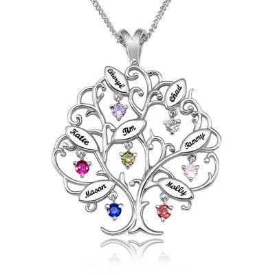 Personalized Tree-Design Family Tree Necklace With 1-7 Names And Birthstones