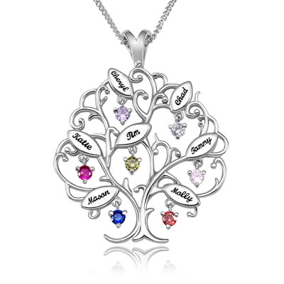 Personalised Tree-Design Family Tree Necklace With 1-7 Names And Birthstones