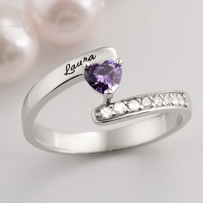 S925 Silver Personalised Engraved Heart-Shaped Birthstones Ring with 1-8 Names