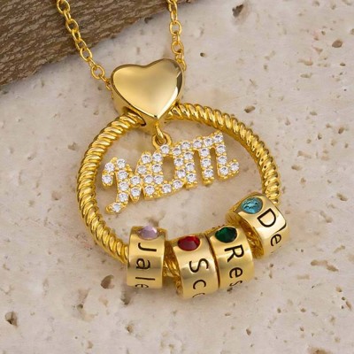 Linda Circle Pendant Necklace With Engraved Name Beads Mum Birthstone Gift