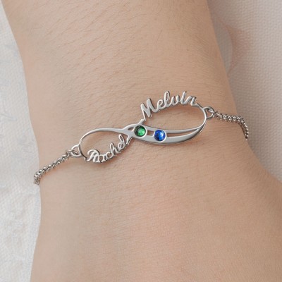 Personalised Infinity 2 Names Bracelet With Birthstones For Couple Valentine's Day