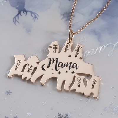 18K Rose Gold Plated Personalised Mama Bear Necklace 1-8 Names For Mother's Day Gift
