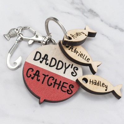 Father's Day Gift Personalised 1-10 Name Engraved Fishing Keychain Daddy Dad Grampa's Catcher