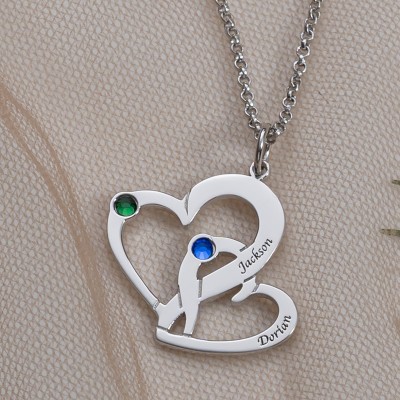 Personalized Heart Couple Names Necklaces With Birthstones Valentine's Day Gift