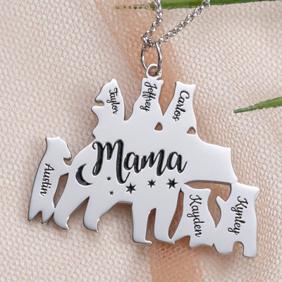 Silver Personalised Mama Bear Necklace 1-8 Names For Mother's Day Gift