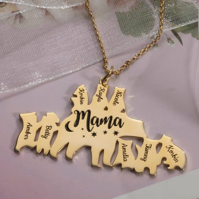 18K Gold Plated Personalised Mama Bear Necklace 1-8 Names For Mother's Day Gift