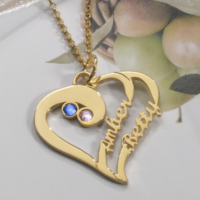 Personalised Heart Couple Names Necklaces With Birthstones Valentine's Day Gift