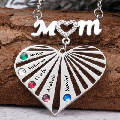 Custom Mum Heart Necklace With Kids Name and Birthstone For Mother's Day Christmas Birthday