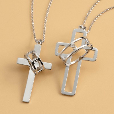 Personalised Couple Symbol of Faith Cross Necklace with Halo Name Engraved Ring Two Necklaces