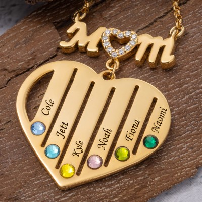 Custom Mum Heart Necklace With Kids Name and Birthstone For Mother's Day Christmas Birthday Gift Ideas