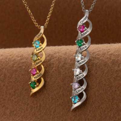 Personalised Name Engraved and Birthstone DNA Style Necklaces For Mother's Day Gift