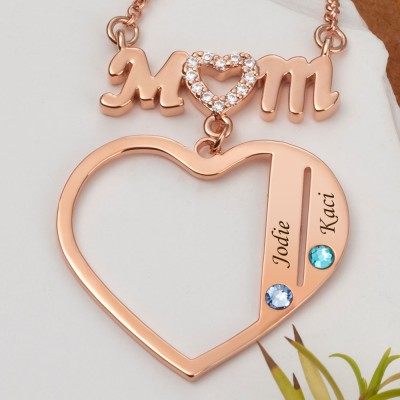 Custom Mum Heart Necklace With Kids Name and Birthstone For Mother's Day Christmas Birthday Gift Ideas