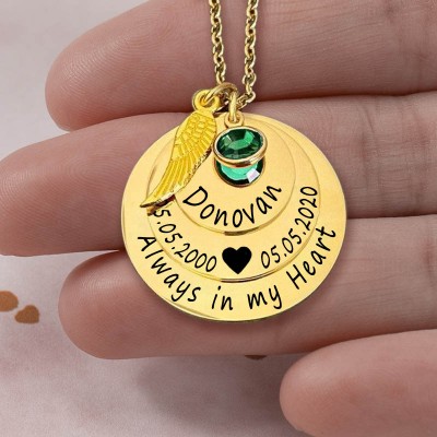 Personalised Engraved Always in my Heart Memorial Gold Necklace With Birthstone