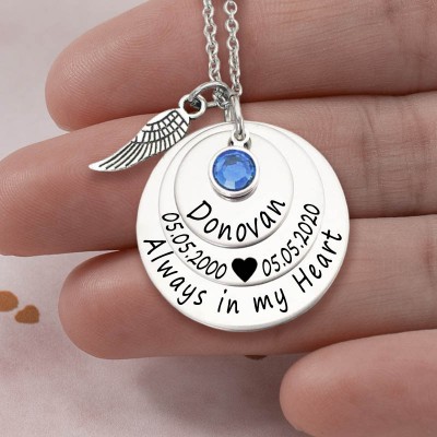 Personalised Engraved Always in my Heart Memorial Silver Necklace With Birthstone