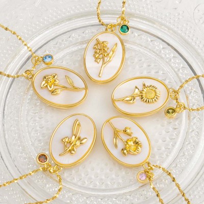 Personalised Dainty Birth Month Flower Mother Shell Gold Necklace With Birthstone For Mum