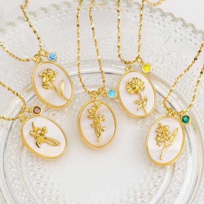 Personalised Dainty Birth Month Flower Mother Shell Gold Necklace With Birthstone For Mum