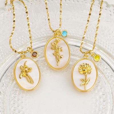 Personalised Dainty Birth Month Flower Mother Shell Gold Necklace With Birthstone For Mum