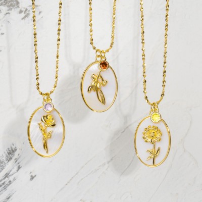 Personalised Dainty Birth Month Flower Mother Shell Gold Necklace With Birthstone For Mum