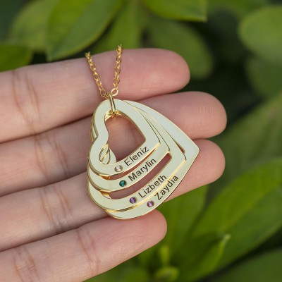 Personalised 1-6 Heart Name Necklace With Birthstone Family Christmas Gift