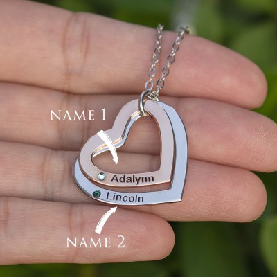 Personalised Heart Couple Names Necklaces With Birthstones Valentine's Day Gift