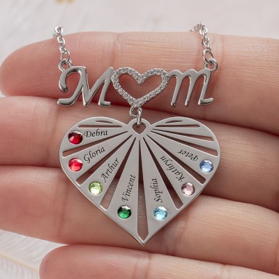 Personalised 1-8 Engraving Family Name Mum Heart Necklace With Birthstone Christmas Gift