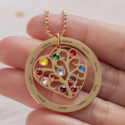 Personalised Family Heart Name Necklace With Birthstone Christmas Gift