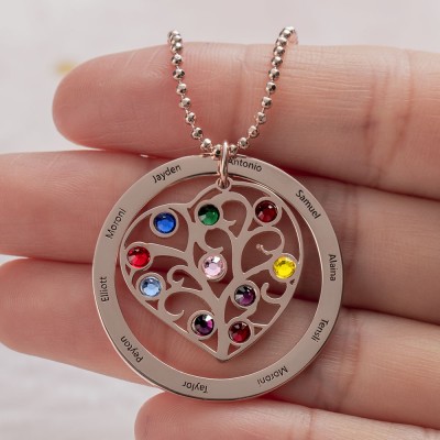Personalised Family Heart Name Necklace With Birthstone Christmas Gift