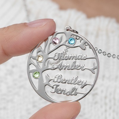 Silver Personalised Tree-Design Family Tree Name Necklace With Birthstone